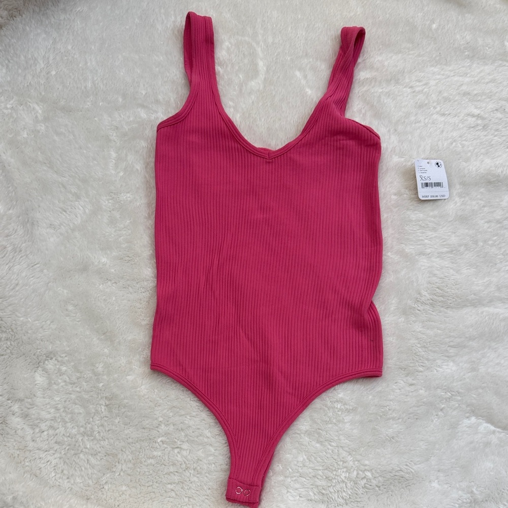 Free People Pink Ribbed Bodysuit CS/S